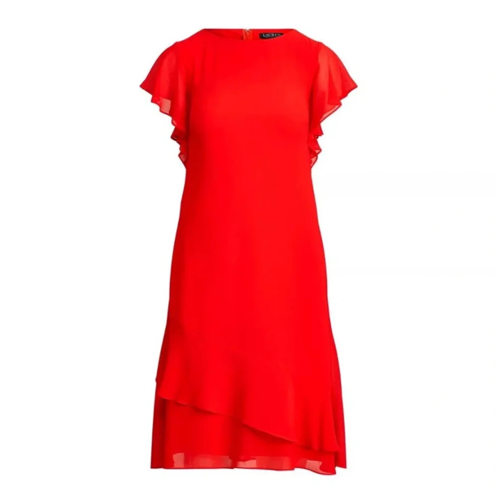Ralph Lauren Black Label Red Georgette Chiffon Boatneck Dress  Flutter‎ Sleeve